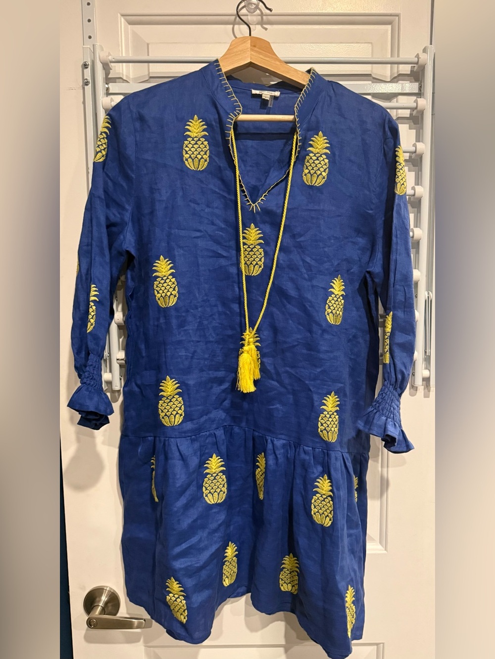Tyler Boe Linen Blue Dress with Yellow Pineapple Embroidery